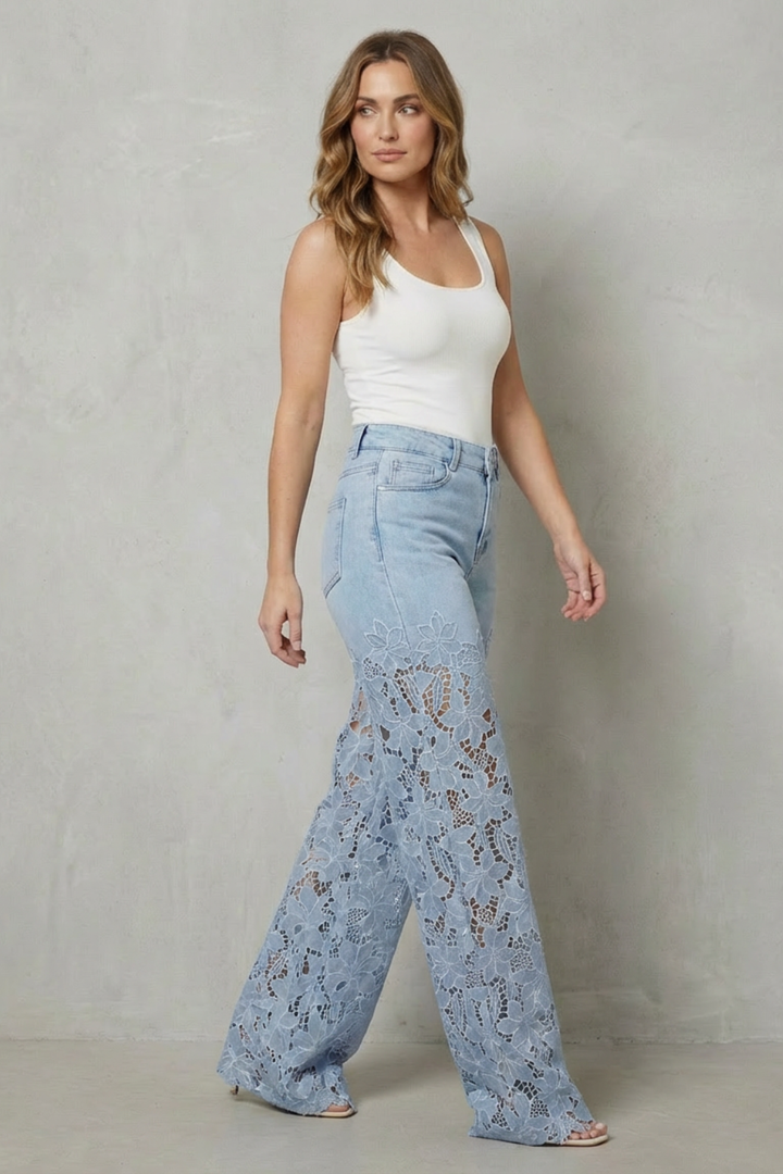 Women's Wide Leg Jeans with Floral Lace Panels - Orianne