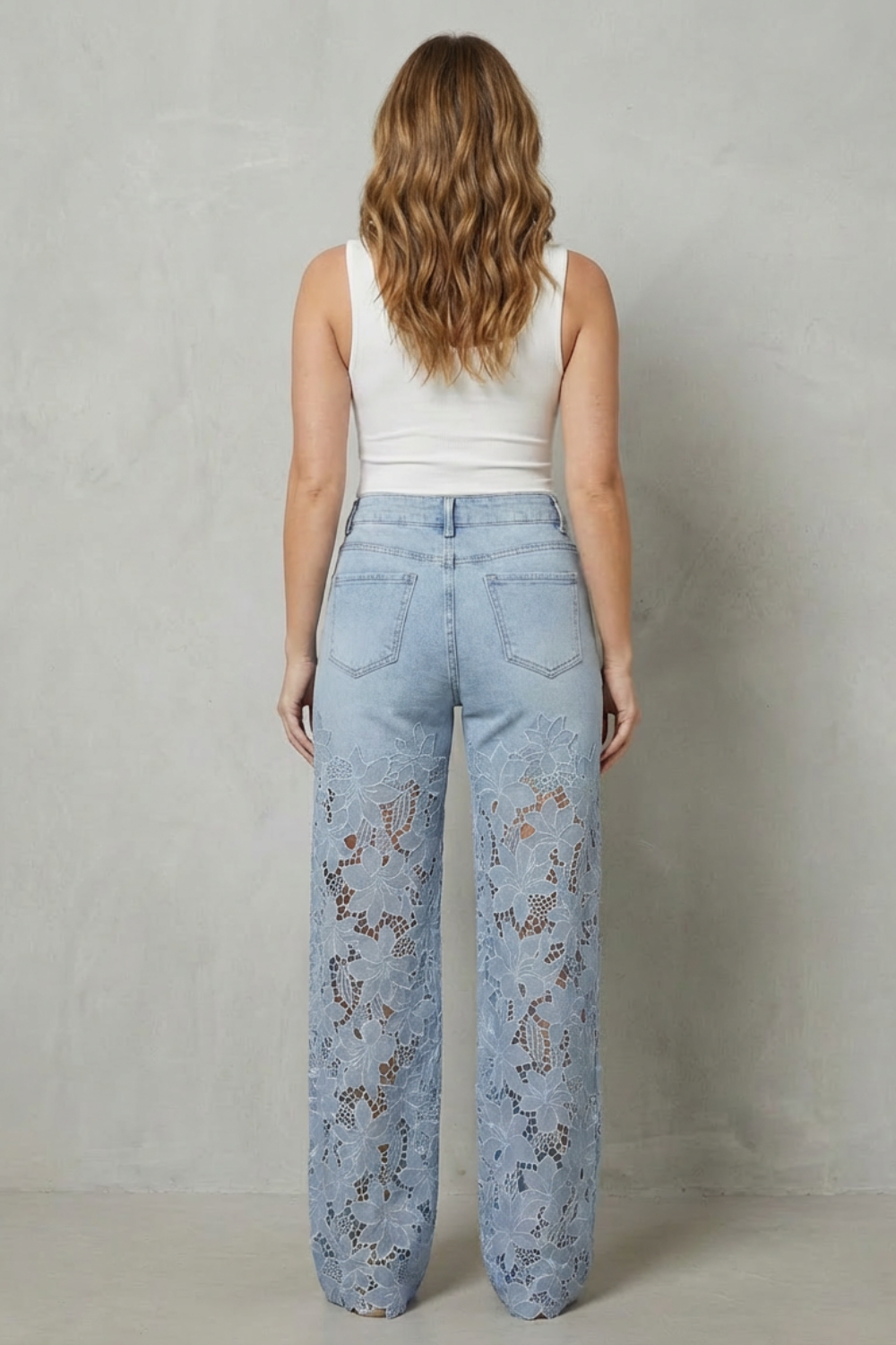 Women's Wide Leg Jeans with Floral Lace Panels - Orianne