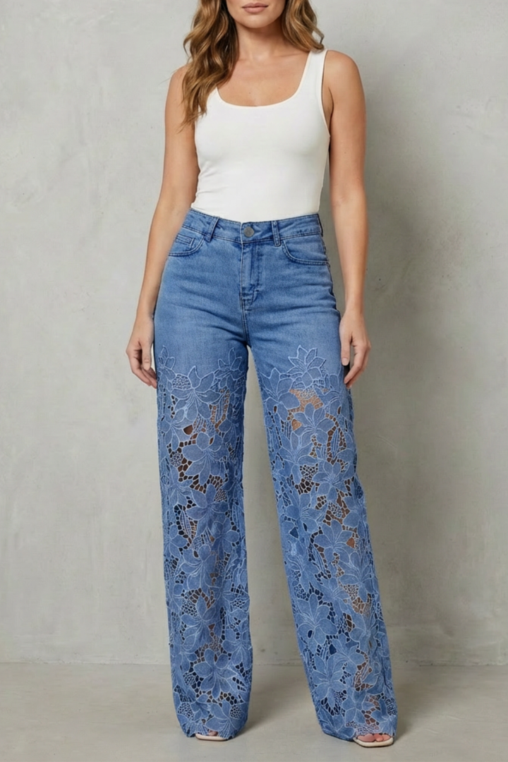 Women's Wide Leg Jeans with Floral Lace Panels - Orianne
