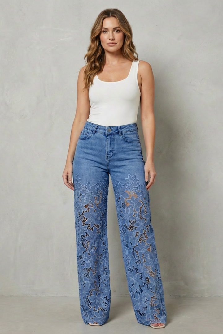 Women's Wide Leg Jeans with Floral Lace Panels - Orianne