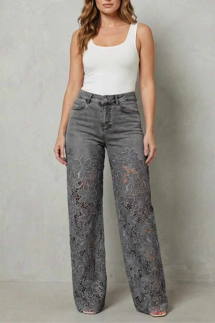 Women's Wide Leg Jeans with Floral Lace Panels - Orianne