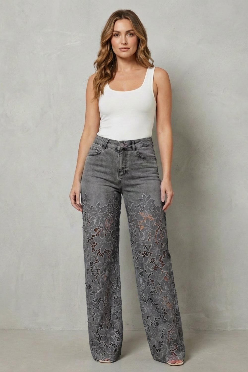 Women's Wide Leg Jeans with Floral Lace Panels - Orianne