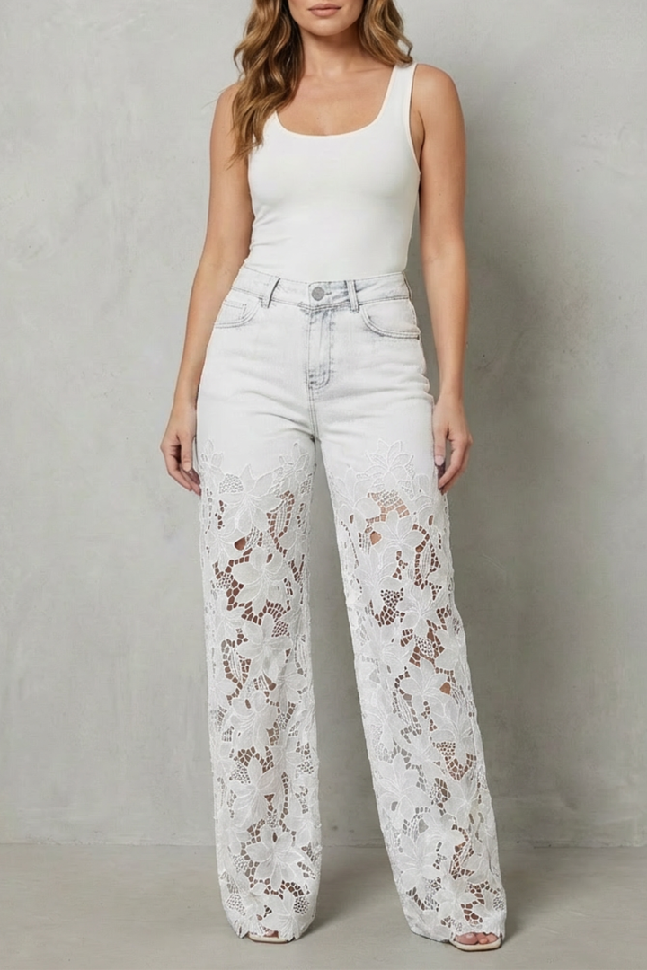 Women's Wide Leg Jeans with Floral Lace Panels - Orianne