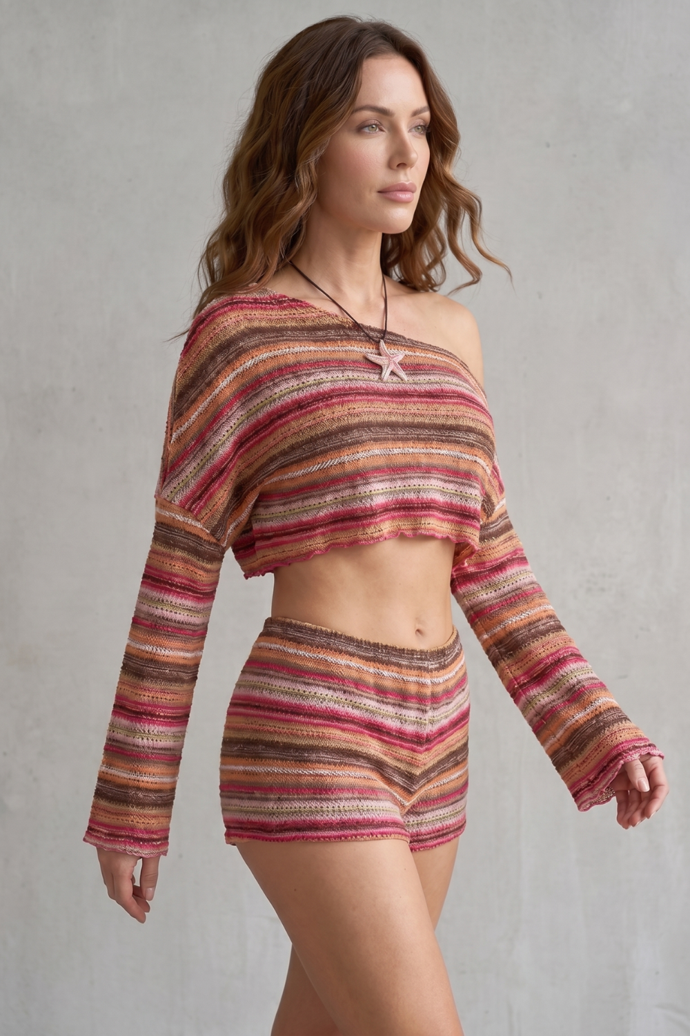 Women's Striped Off-Shoulder Top and Shorts Co-ord Set - Halvienne