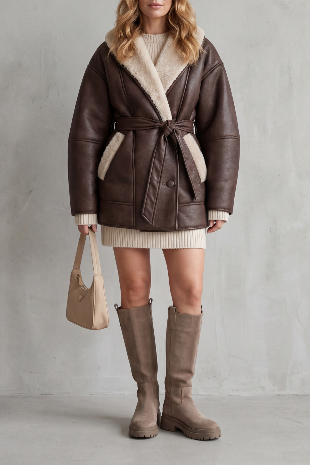 Women's Belted Faux Leather Coat with Contrast Fleece Wrap – Marguerite