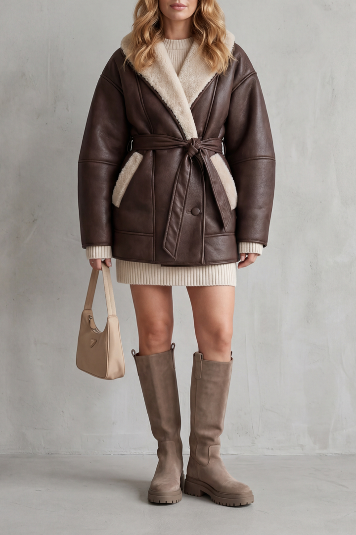 Women's Belted Faux Leather Coat with Contrast Fleece Wrap – Marguerite