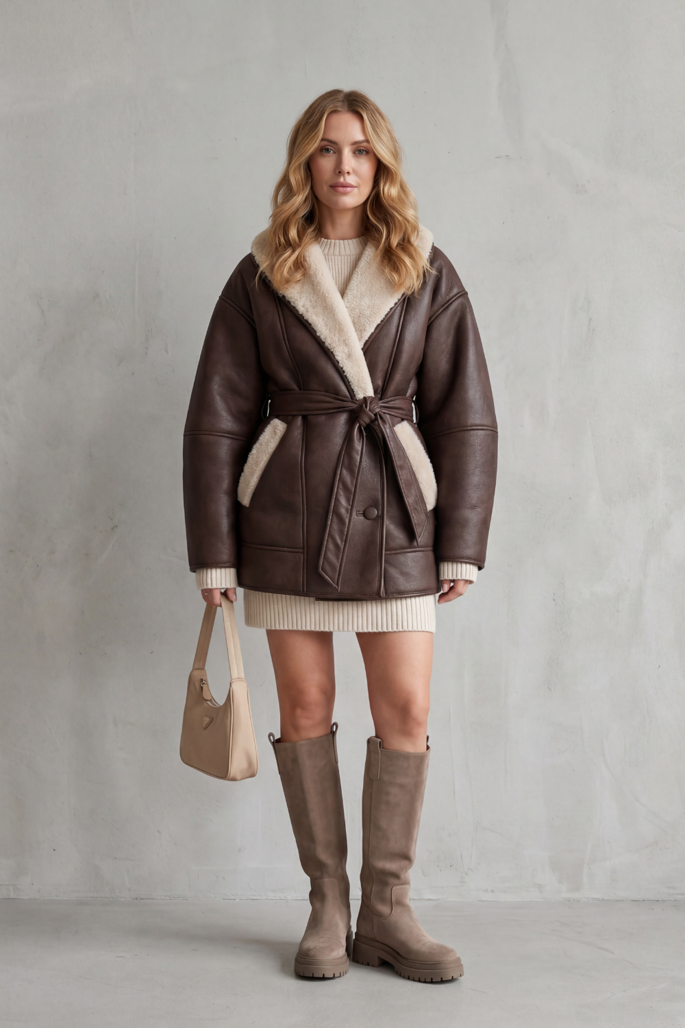 Women's Belted Faux Leather Coat with Contrast Fleece Wrap – Marguerite