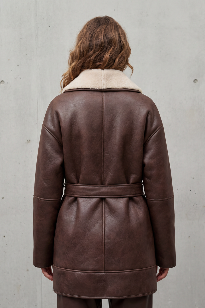 Women's Belted Faux Leather Coat with Contrast Fleece Wrap – Marguerite