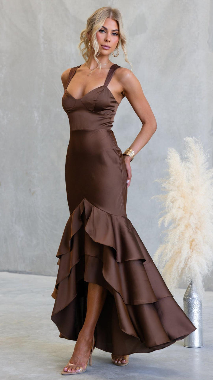 Marianna - Brown Tiered Ruffle Bustier Mermaid Maxi Dress