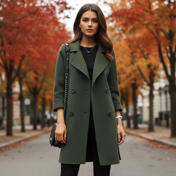 Women's double breasted coat Florentina in Olive Green – worn outdoors
