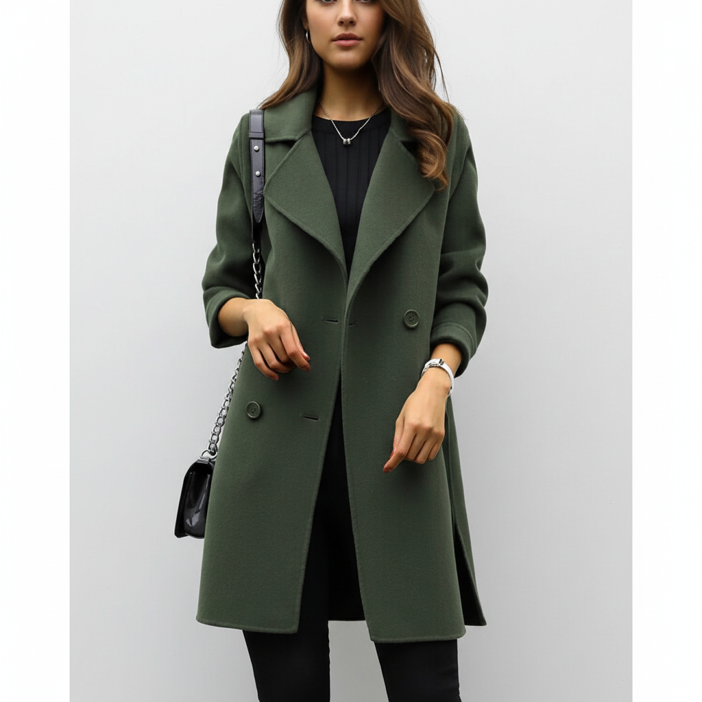 Women's double breasted coat Florentina in Olive Green – styled with chain bag