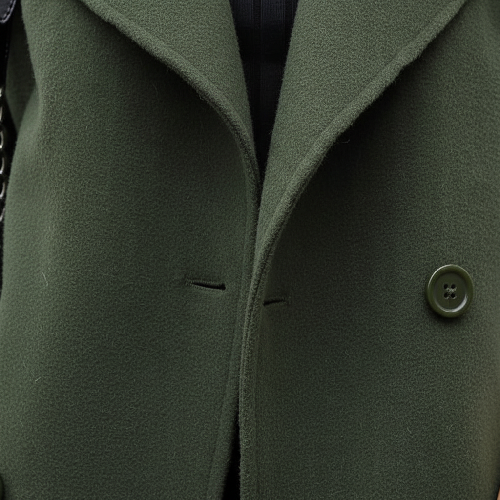Women's double breasted coat Florentina in Olive Green – button and lapel close-up