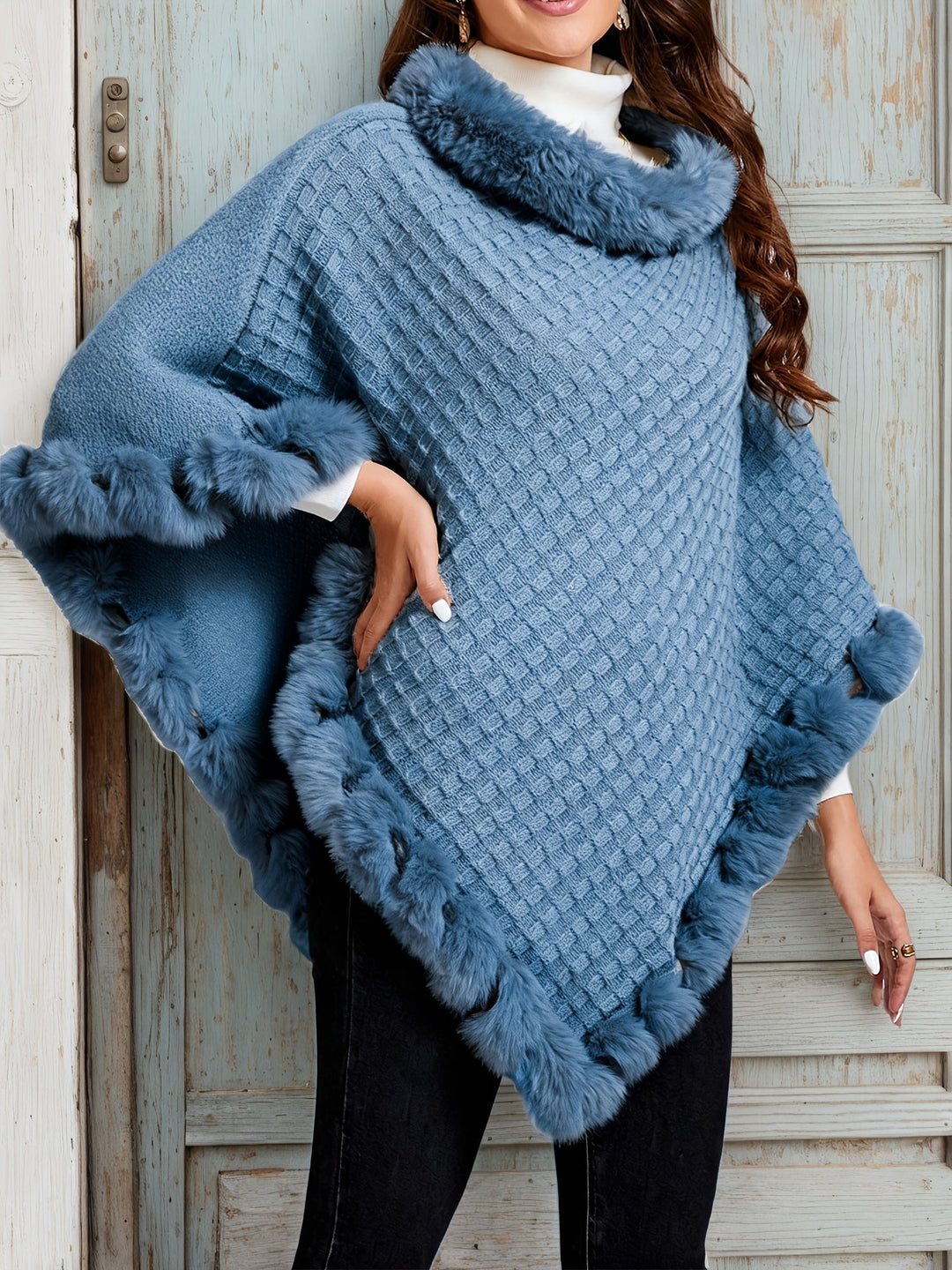 Mull women's knitted poncho in Blue – front view