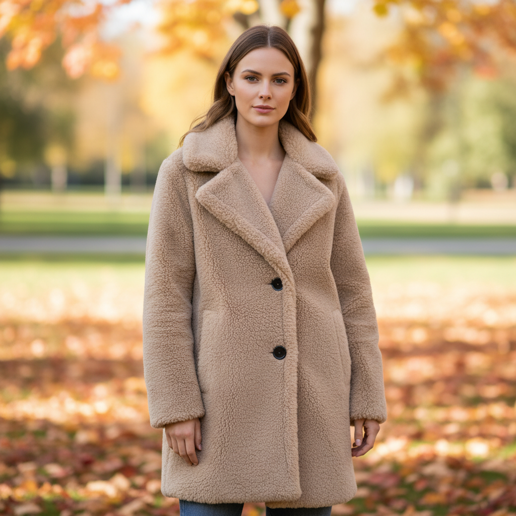 Women's teddy coat Jessie in Brown – outdoor autumn view