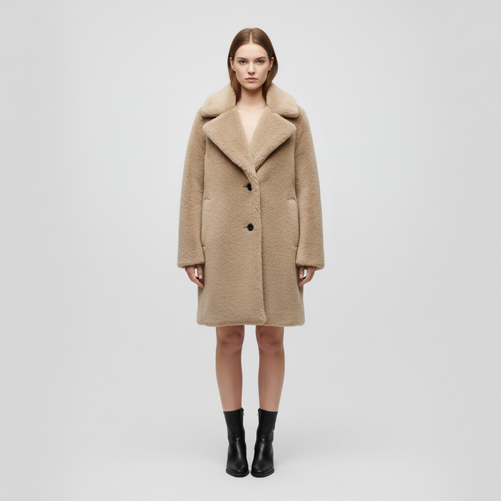 Women's teddy coat Jessie in Brown – full length with boots