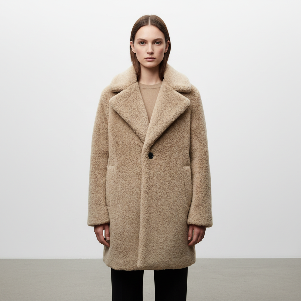 Women's teddy coat Jessie in Brown – front view buttoned