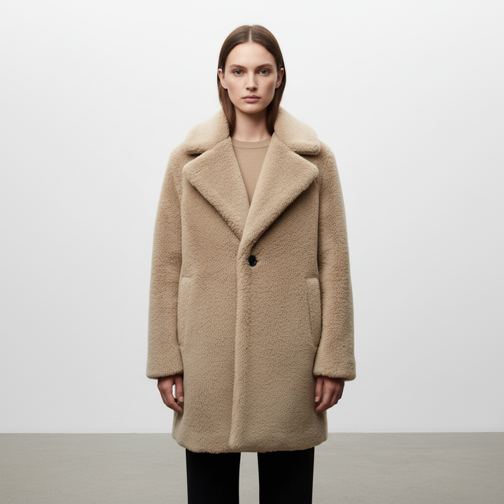 Women's teddy coat Jessie in Brown – front view buttoned