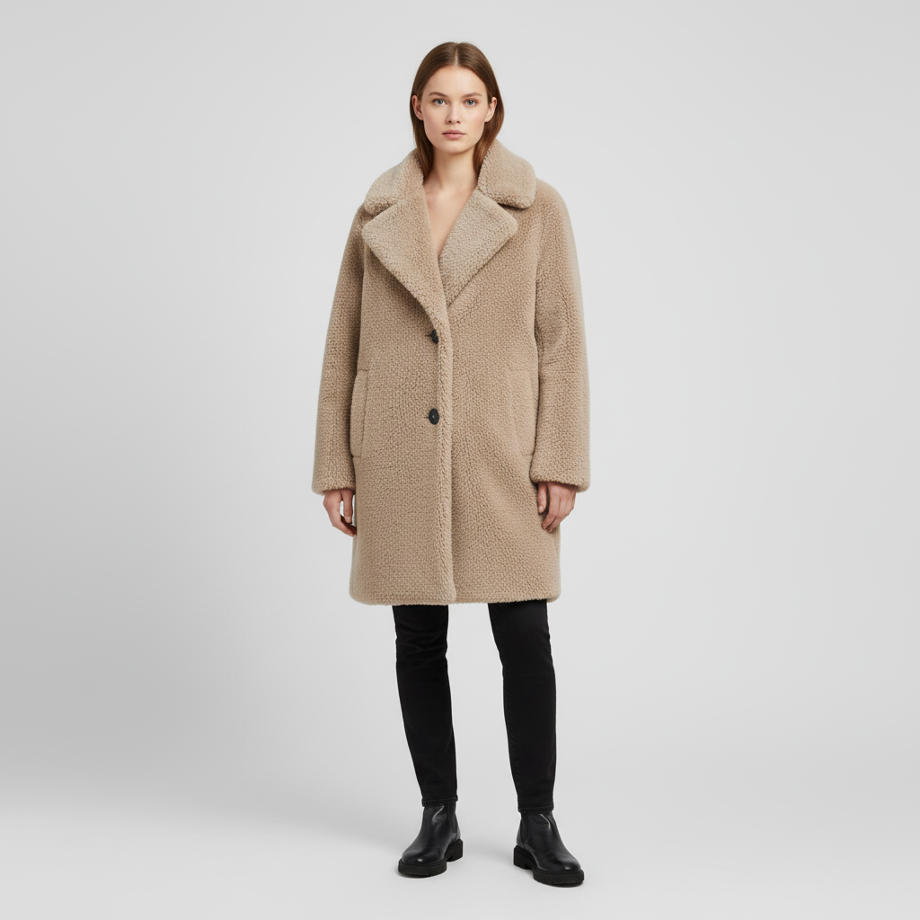 Women's teddy coat Jessie in Brown – full length front view