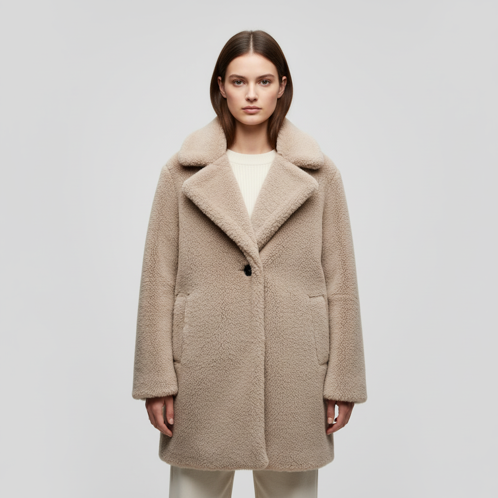 Women's teddy coat Jessie in Brown – front view with cream top