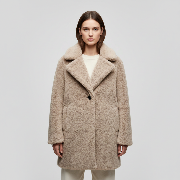 Women's teddy coat Jessie in Brown – front view with cream top