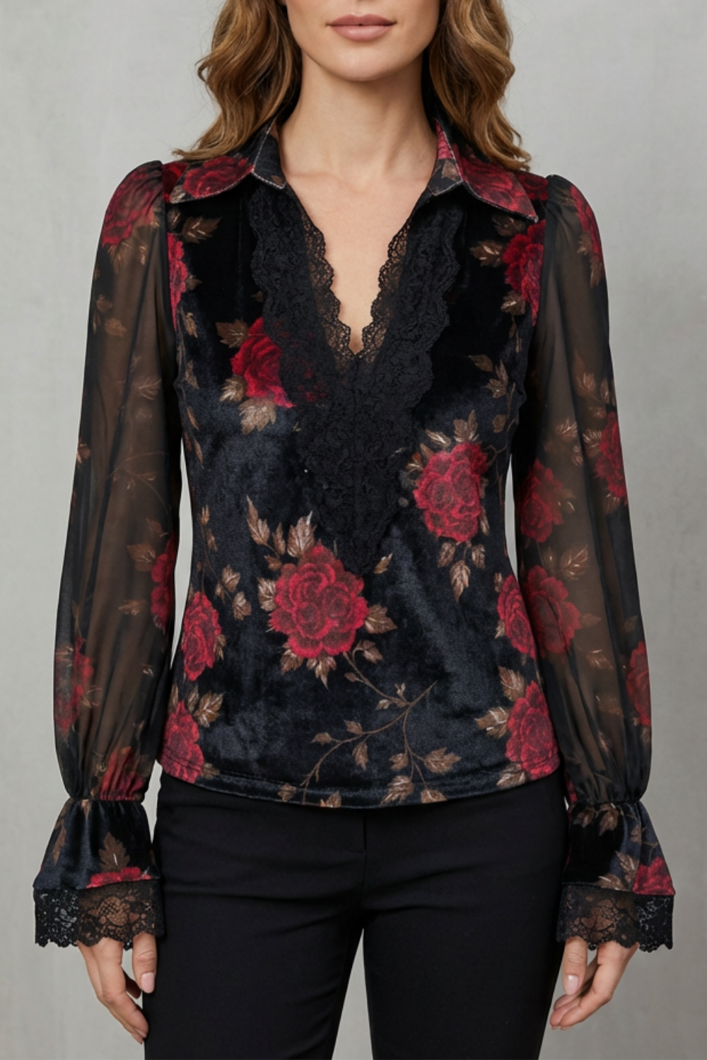 Women's Tailored Velvet Blazer with Lace Cuffs - Undrielle