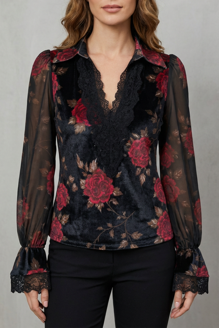 Women's Tailored Velvet Blazer with Lace Cuffs - Undrielle