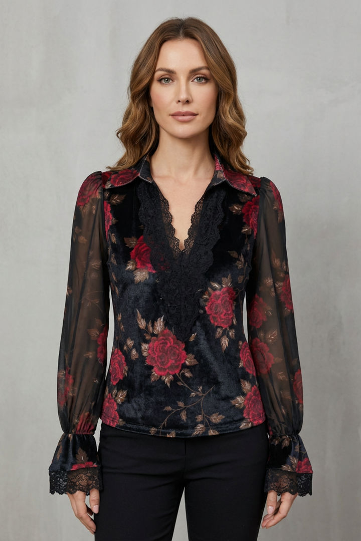 Women's Tailored Velvet Blazer with Lace Cuffs - Undrielle