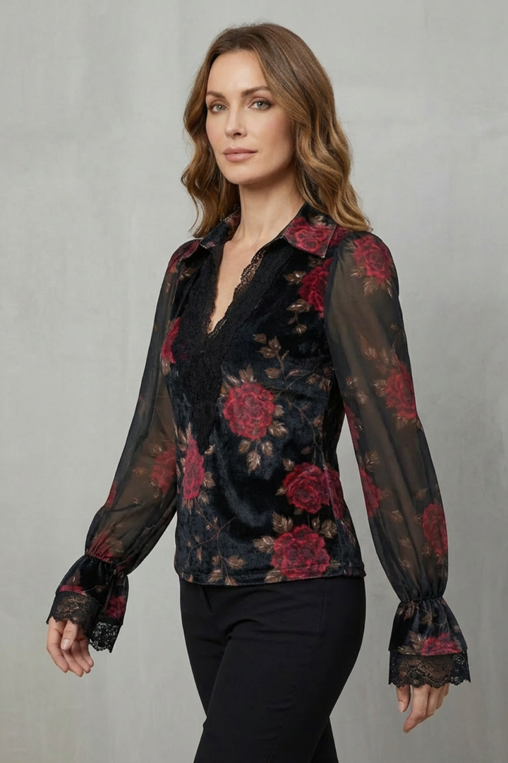 Women's Tailored Velvet Blazer with Lace Cuffs - Undrielle
