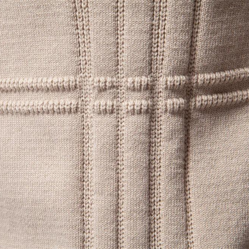 Men's textured check crew neck jumper in beige – Kirkby – close-up of raised check