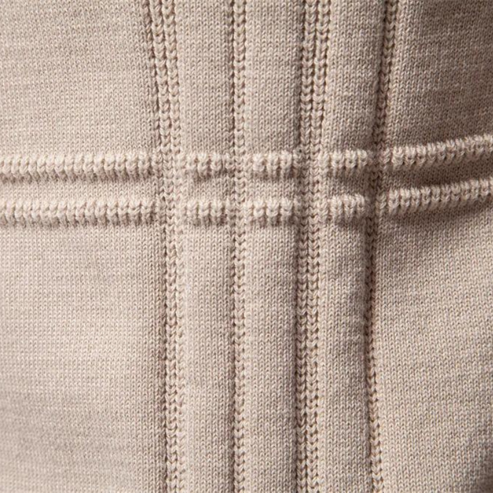 Men's textured check crew neck jumper in beige – Kirkby – close-up of raised check