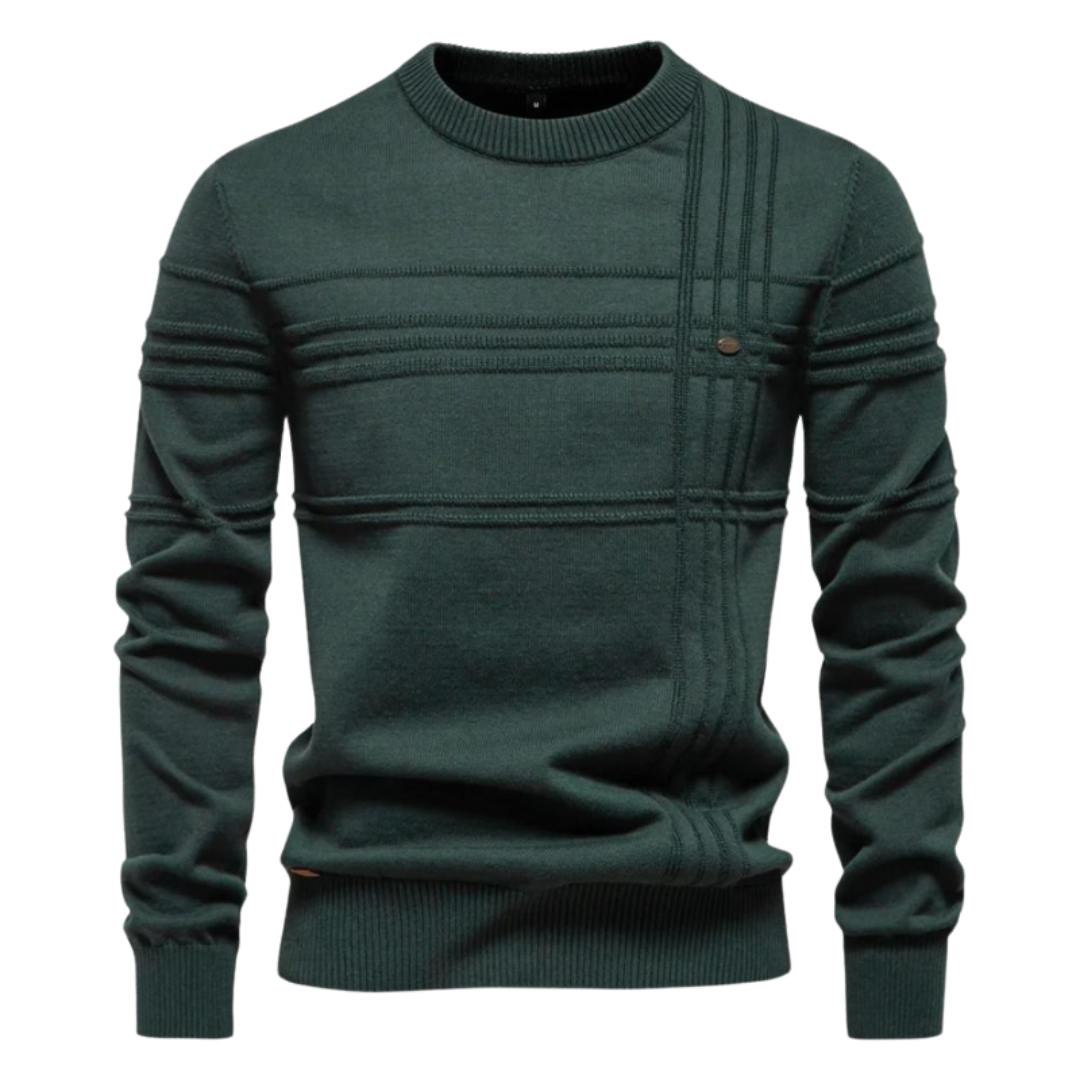 Men's textured check crew neck jumper in green – Kirkby – front view