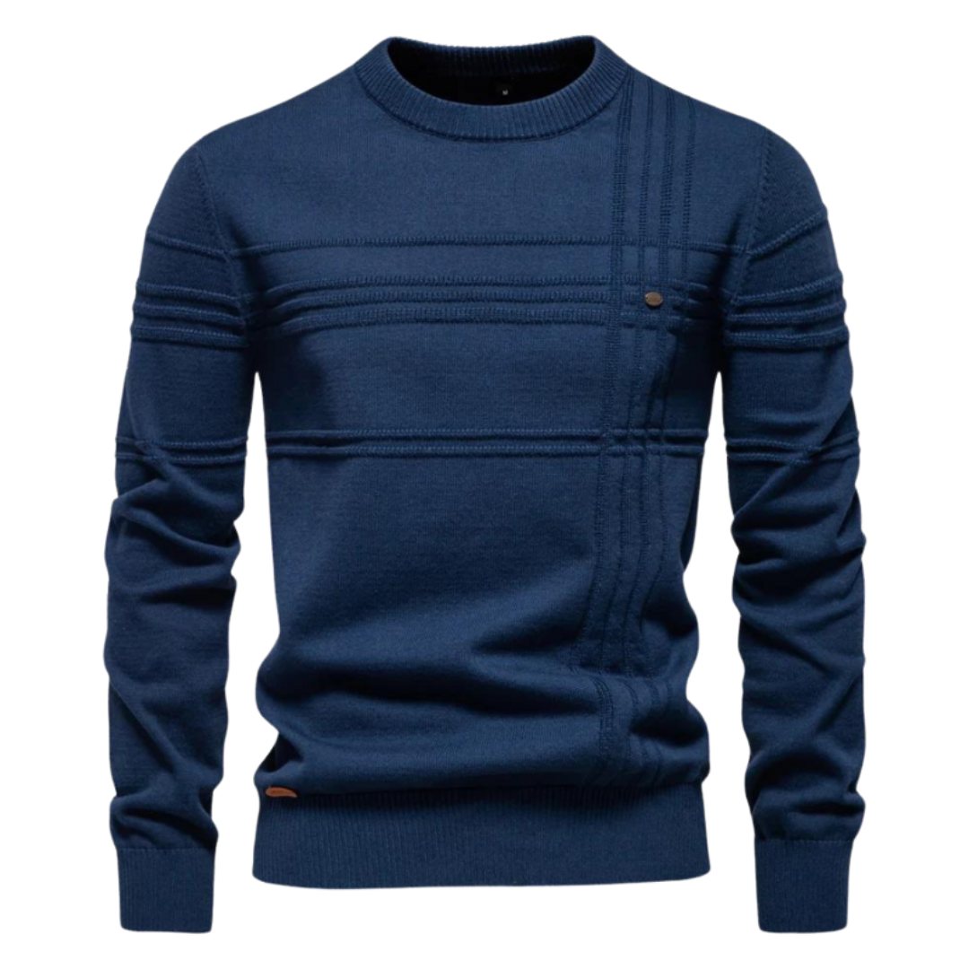 Men's textured check crew neck jumper in navy blue – Kirkby – front view