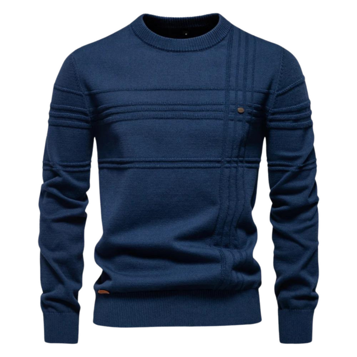 Men's textured check crew neck jumper in navy blue – Kirkby – front view