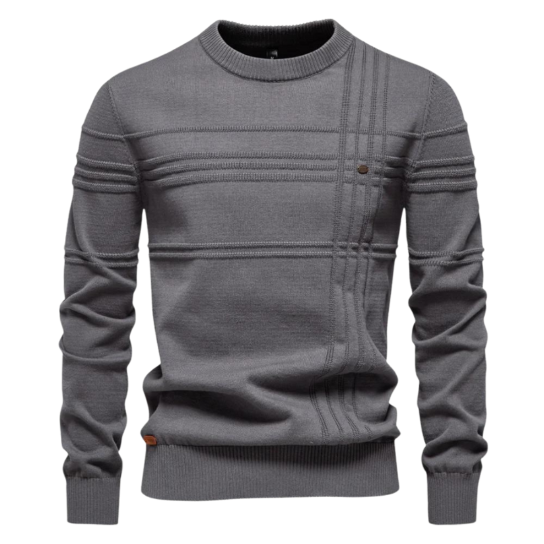 Men's textured check crew neck jumper in grey – Kirkby – front view