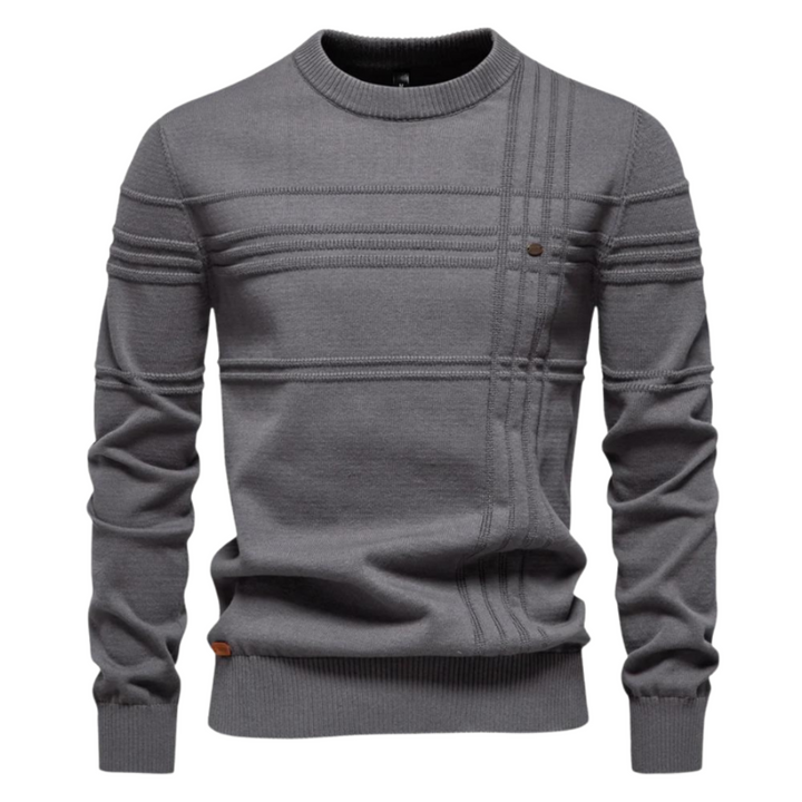 Men's textured check crew neck jumper in grey – Kirkby – front view