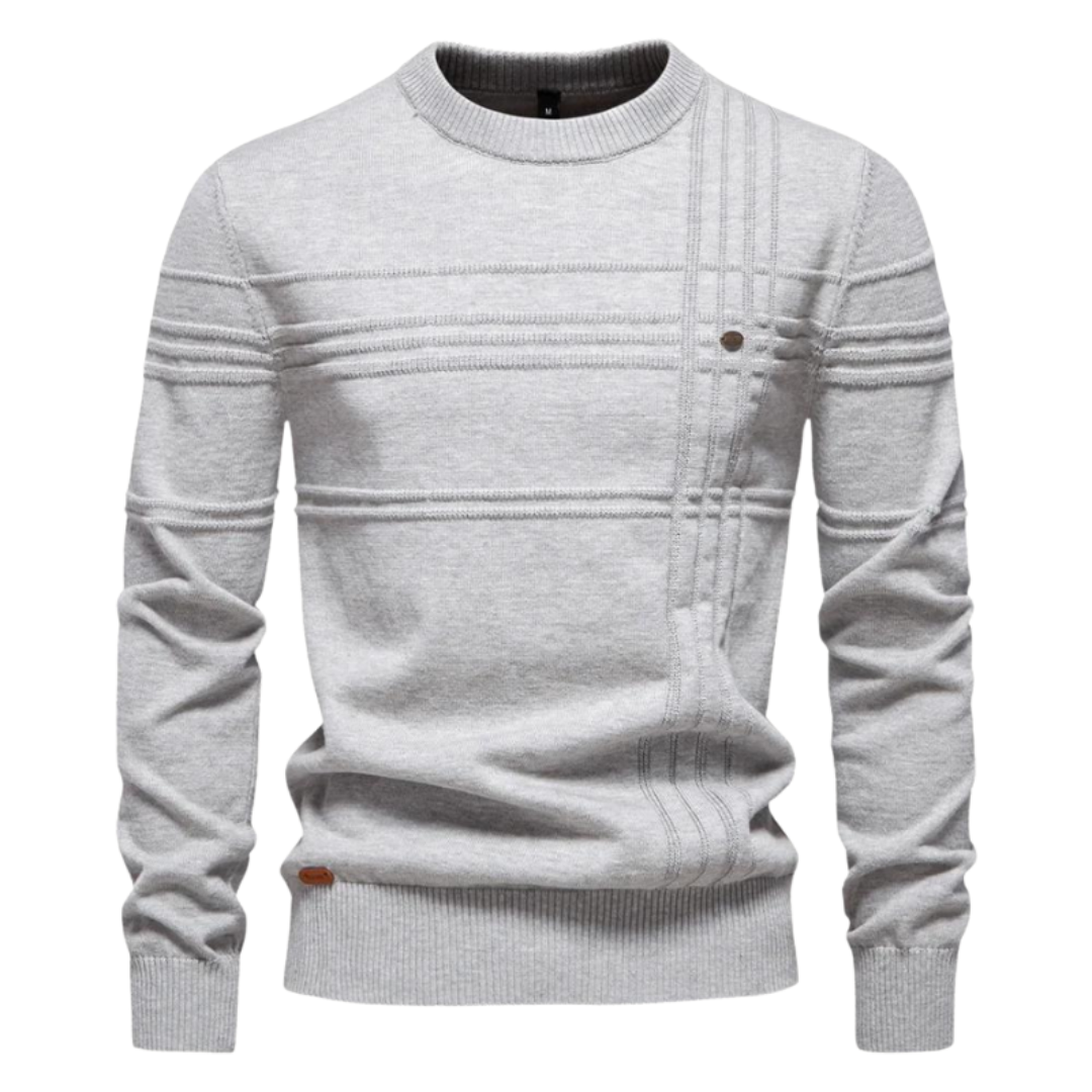 Men's textured check crew neck jumper in light grey – Kirkby – front view