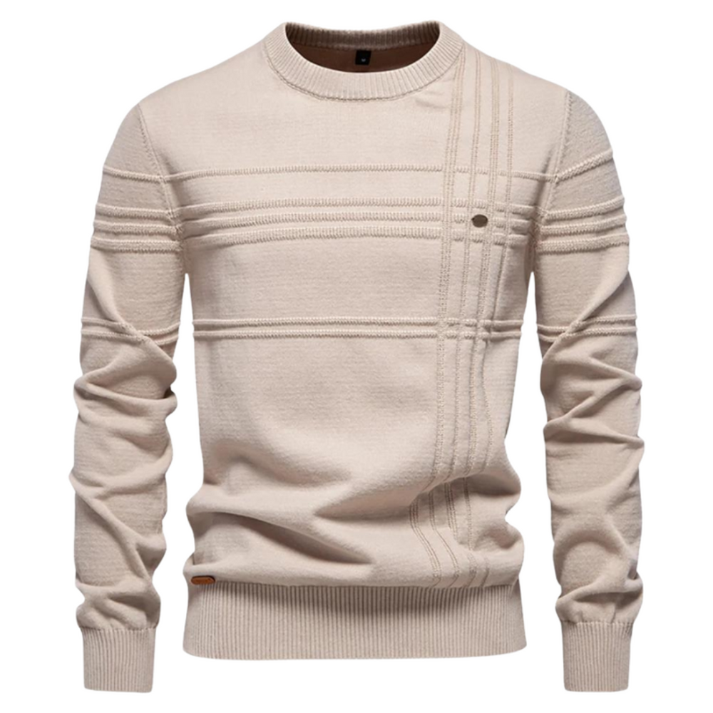 Men's textured check crew neck jumper in beige – Kirkby – front view