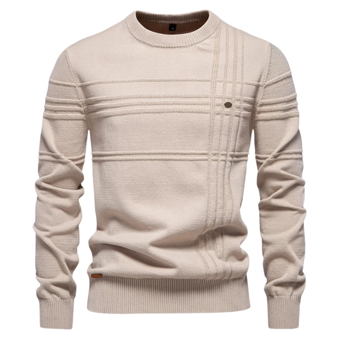Men's textured check crew neck jumper in beige – Kirkby – front view