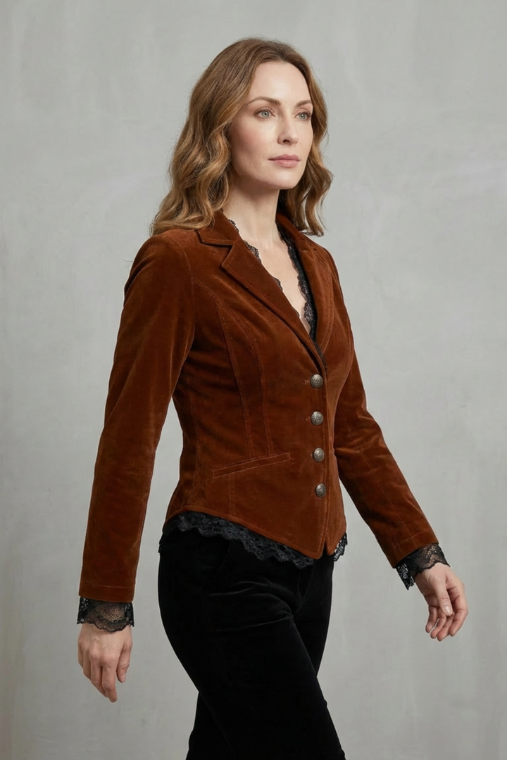 Women's Velvet Blazer with Lace Trimmed Cuffs - Wrenelle