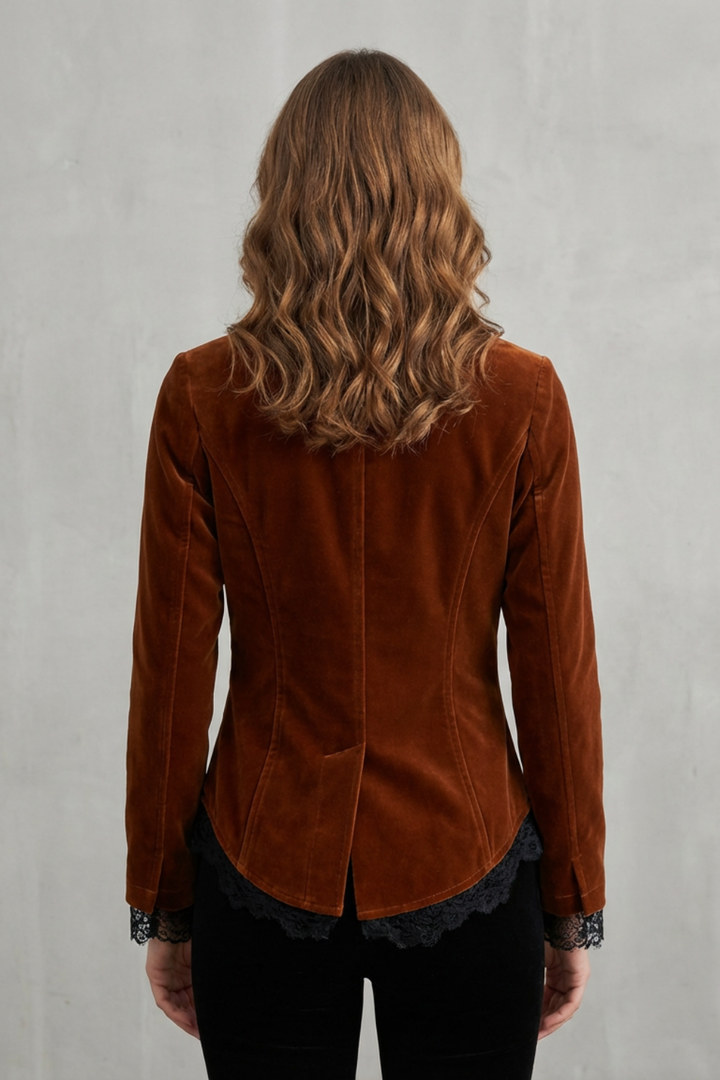 Women's Velvet Blazer with Lace Trimmed Cuffs - Wrenelle