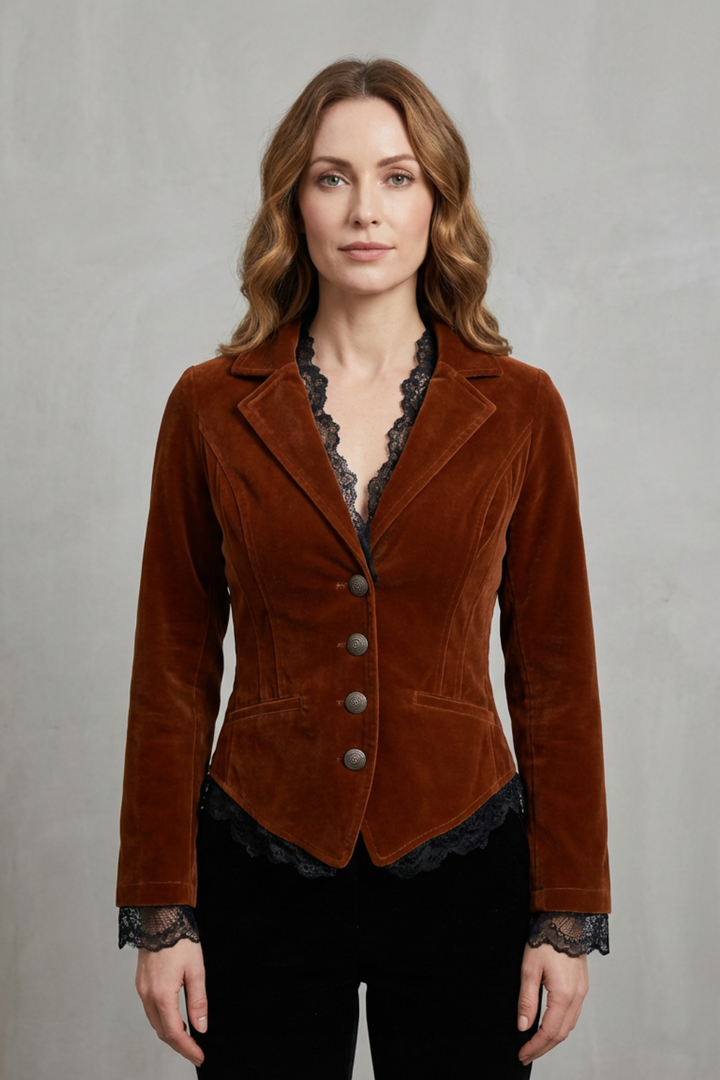 Women's Velvet Blazer with Lace Trimmed Cuffs - Wrenelle