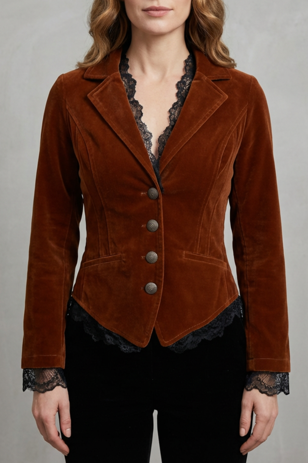 Women's Velvet Blazer with Lace Trimmed Cuffs - Wrenelle