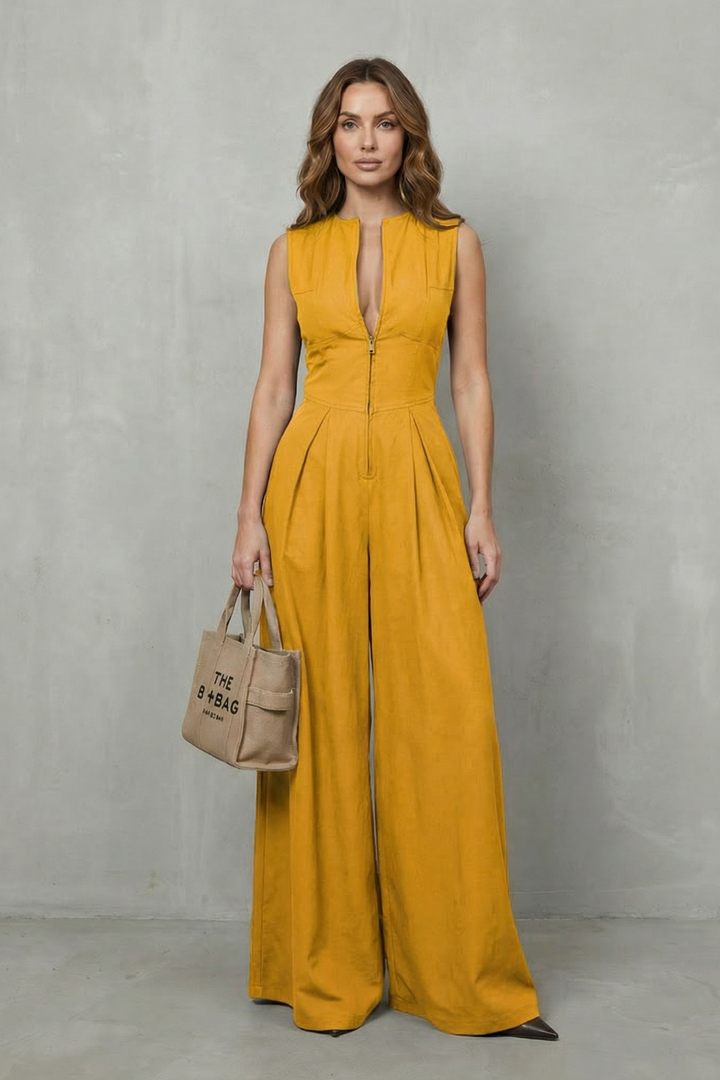 Women's Sleeveless Zip Front Wide Leg Jumpsuit - Joviane