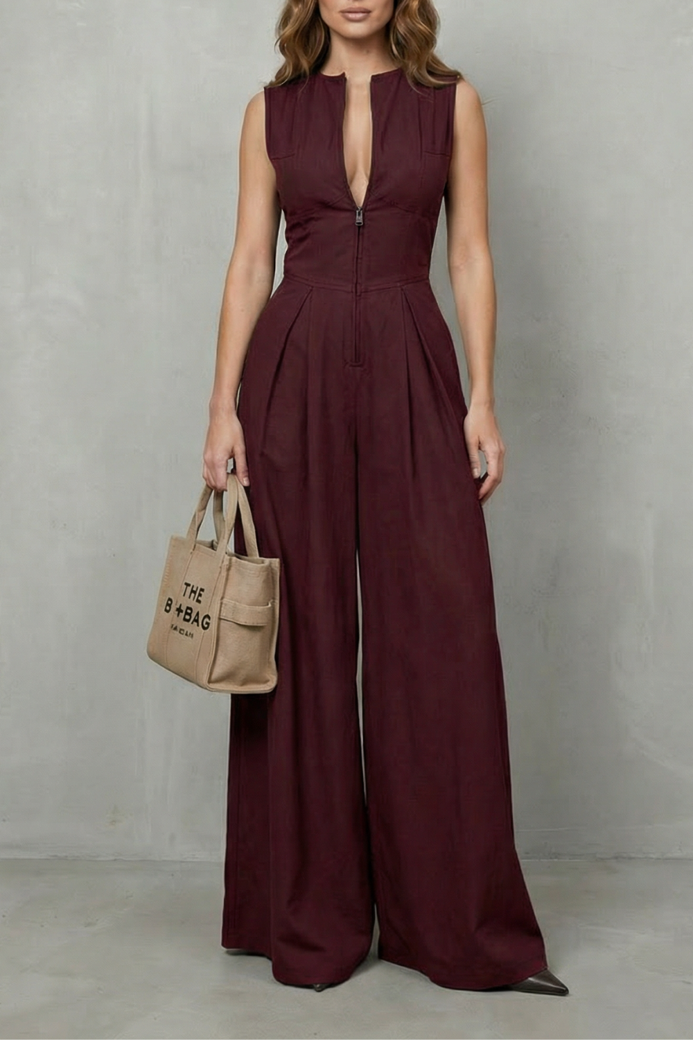 Women's Sleeveless Zip Front Wide Leg Jumpsuit - Joviane