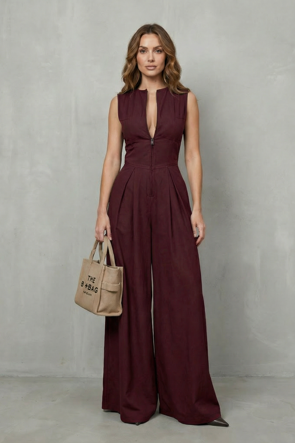 Women's Sleeveless Zip Front Wide Leg Jumpsuit - Joviane