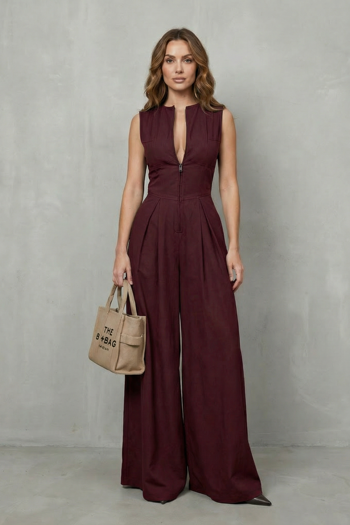 Women's Sleeveless Zip Front Wide Leg Jumpsuit - Joviane
