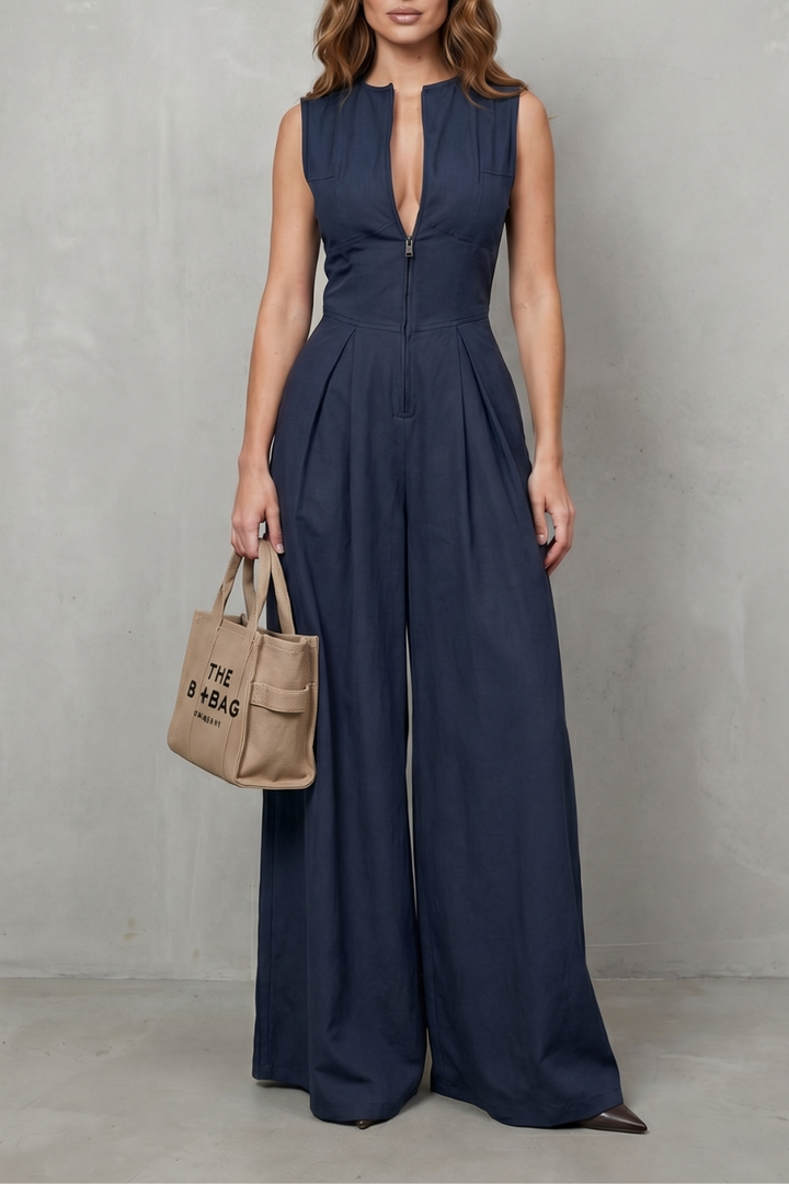 Women's Sleeveless Zip Front Wide Leg Jumpsuit - Joviane