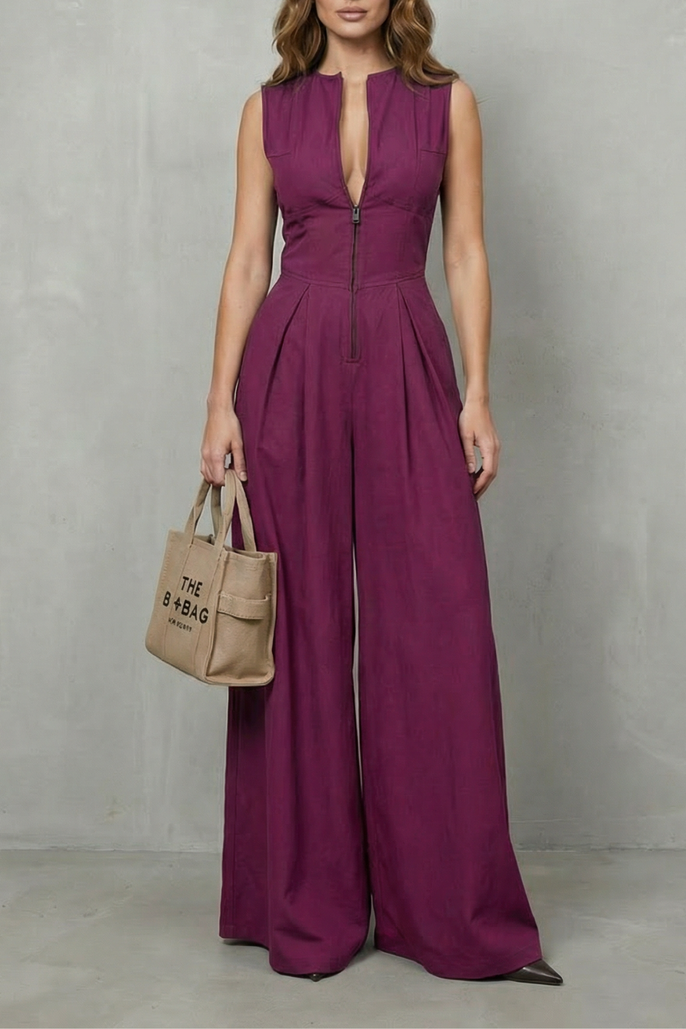 Women's Sleeveless Zip Front Wide Leg Jumpsuit - Joviane