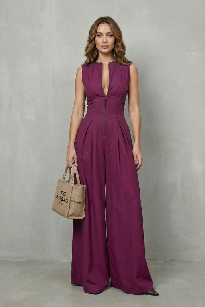 Women's Sleeveless Zip Front Wide Leg Jumpsuit - Joviane