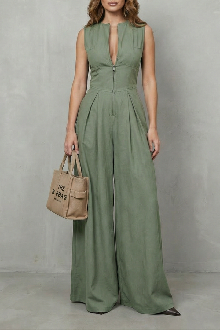 Women's Sleeveless Zip Front Wide Leg Jumpsuit - Joviane